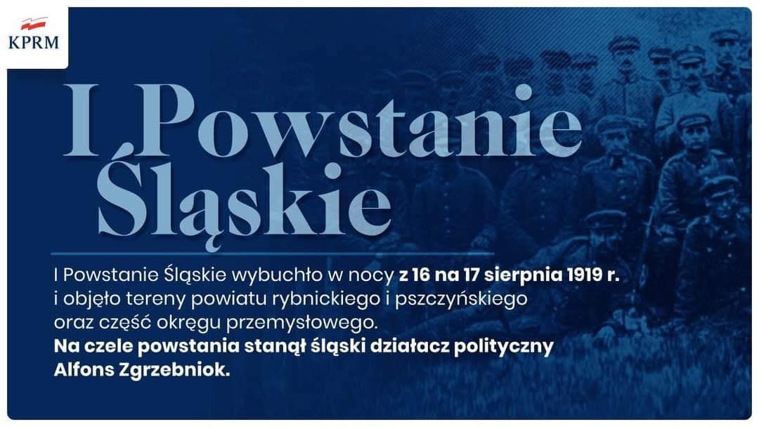 Na granatowym tle napis I powstanie Ślaskie a w tle zdjęcie walk