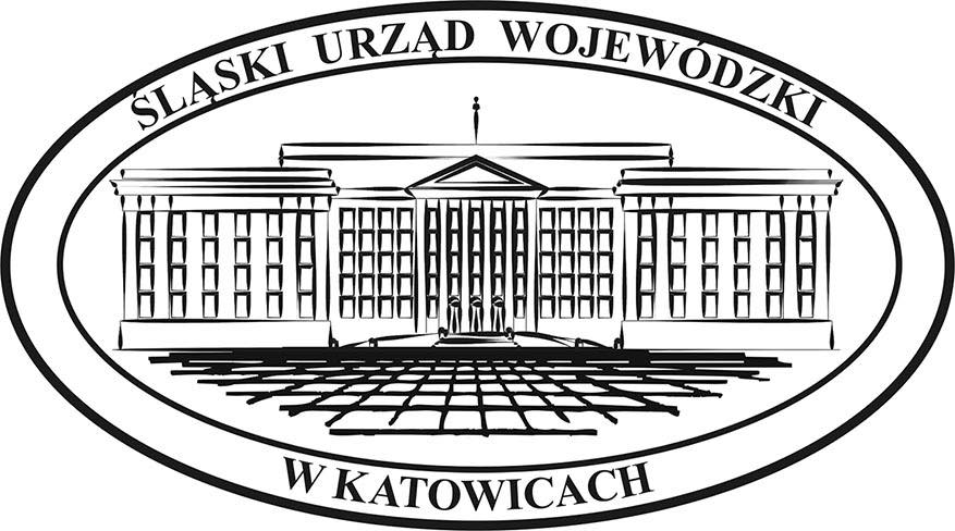Znak prezentujący Urząd Wojewódzki w Katowicach, w owalnej obwódce szkic budynku