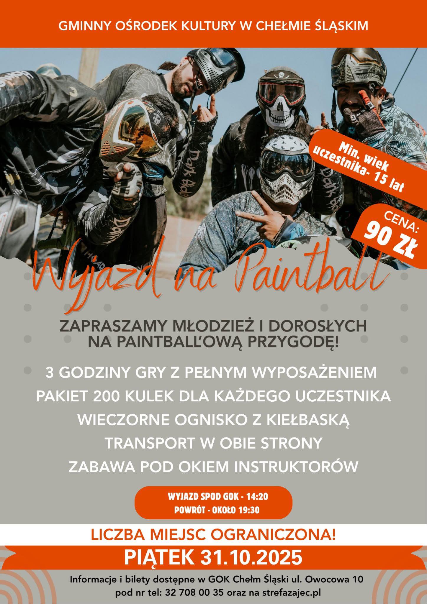 Koloroy plakat informujący o wydarzeniu. Na plakacie osoby ubrane w stroje do painball
