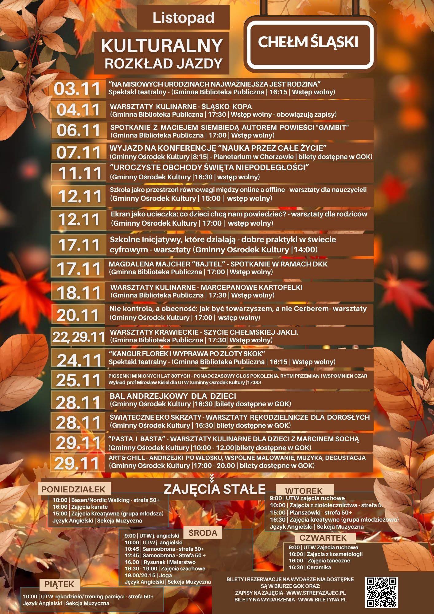 Plakat utrzymany w tonie jesiennych drzew z informacjami o planowanych wydarzeniach