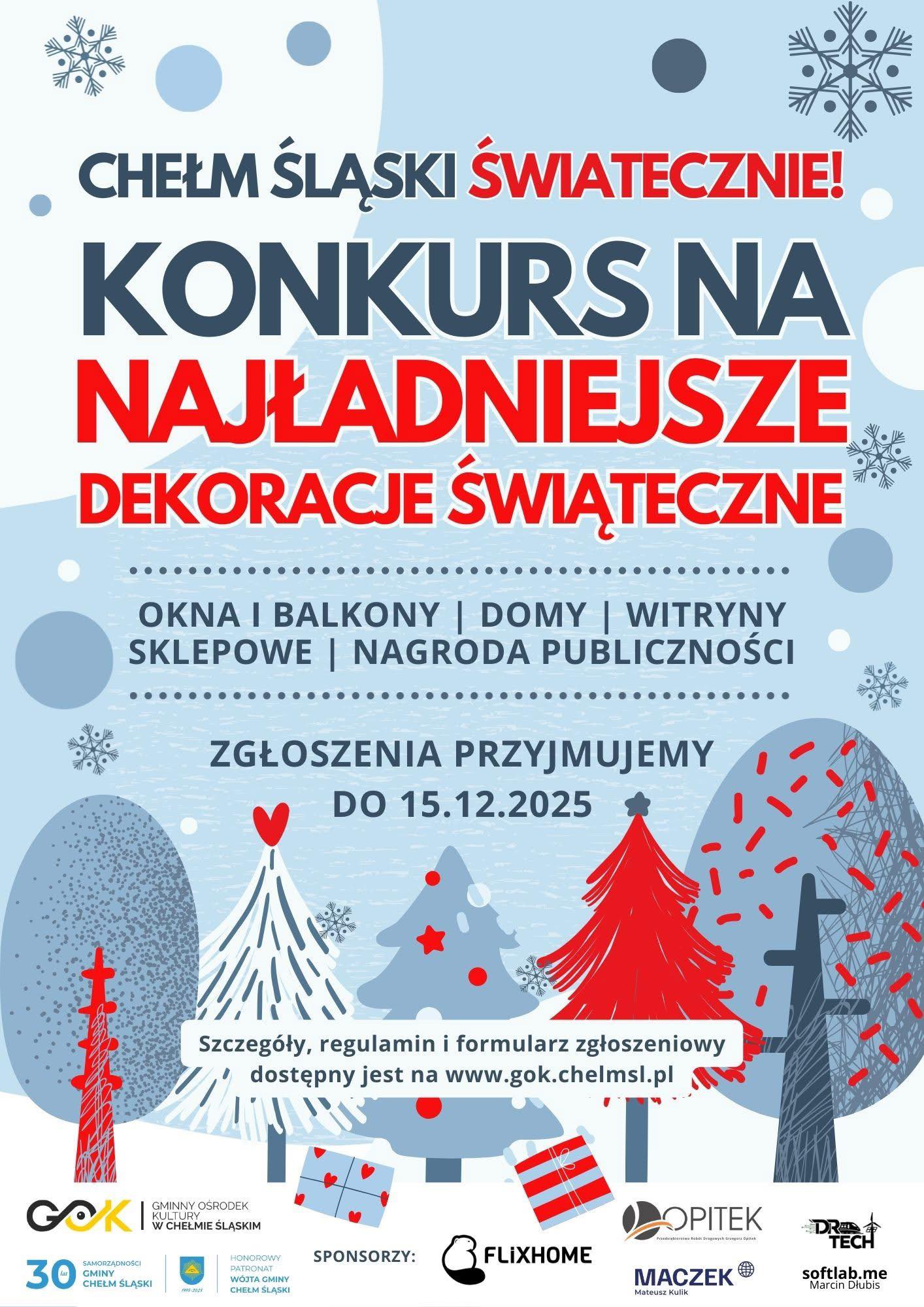 Plakat promujący konkurs. Plakat animacyjny na rysunku zima, choinki - akcenty świąteczcne z opisem