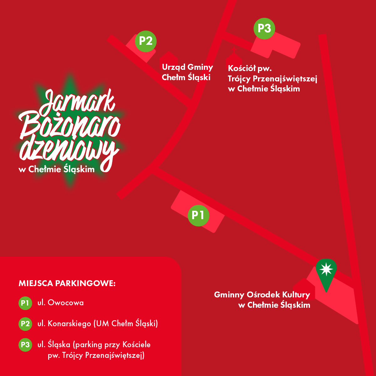 Mapa czerwona z wrysowanymi parkingami dla samochodów. Opis w poście.