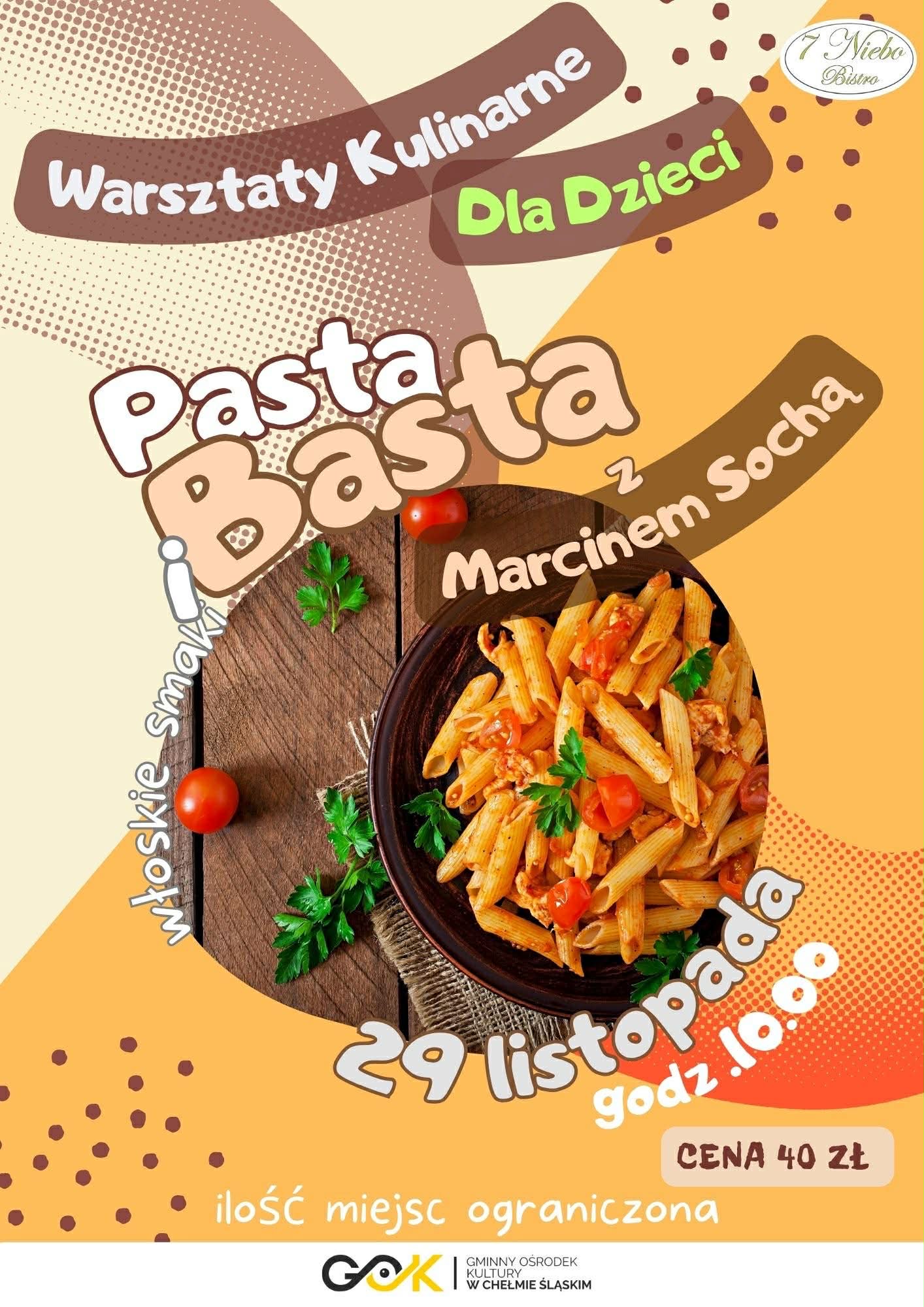 Plakat z daniem makaronowym. Opis pod postem