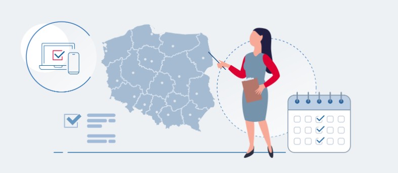 KSEF - plakat animacyjny na nim kobieta stojaca przed mapą Polski 